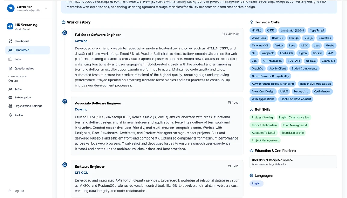 Candidate profile with extracted skills