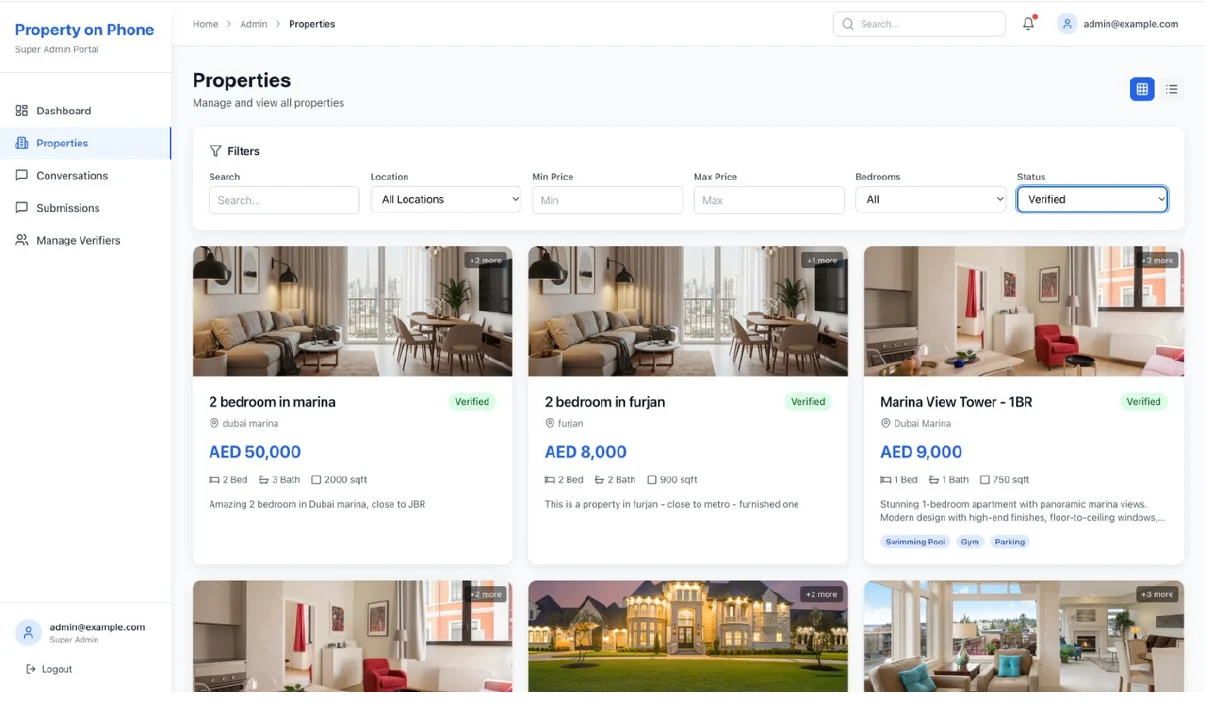 Verified property listings in the admin portal