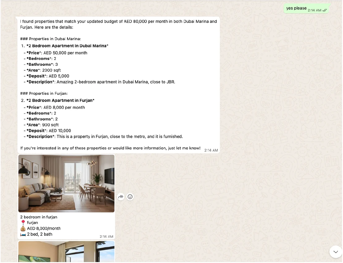 WhatsApp conversation with the AI rental agent